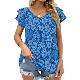 AILLOSA YH-442 Tamamı Baskılı Fırfırlı Kısa Kollu V Yakalı Kadın T-shirt