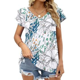 AILLOSA YH-443 Tamamı Baskılı Fırfırlı Kısa Kollu V Yakalı Kadın T-shirt