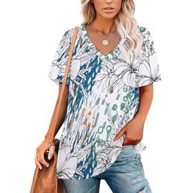 AILLOSA YH-443 Tamamı Baskılı V Yaka Kısa Kollu Kadın T-Shirt