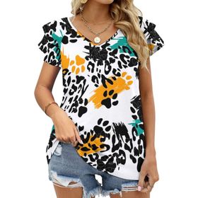AILLOSA YH-444 Tamamı Baskılı Fırfırlı Kısa Kollu V Yakalı Kadın T-shirt