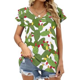 AILLOSA YH-445 Tamamı Baskılı Fırfırlı Kısa Kollu V Yakalı Kadın T-shirt