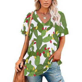 AILLOSA YH-445 Tamamı Baskılı V Yaka Kısa Kollu Kadın T-Shirt