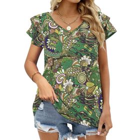 AILLOSA YH-446 Tamamı Baskılı Fırfırlı Kısa Kollu V Yakalı Kadın T-shirt