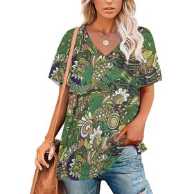 AILLOSA YH-446 Tamamı Baskılı V Yaka Kısa Kollu Kadın T-Shirt