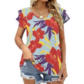 AILLOSA YH-447 Tamamı Baskılı Fırfırlı Kısa Kollu V Yakalı Kadın T-shirt