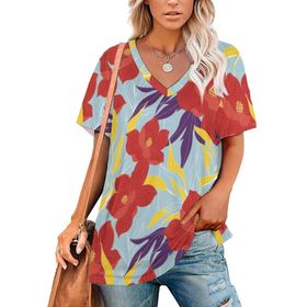 AILLOSA YH-447 Tamamı Baskılı V Yaka Kısa Kollu Kadın T-Shirt