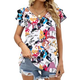 AILLOSA YH-448 Tamamı Baskılı Fırfırlı Kısa Kollu V Yakalı Kadın T-shirt