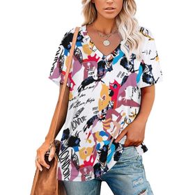 AILLOSA YH-448 Tamamı Baskılı V Yaka Kısa Kollu Kadın T-Shirt
