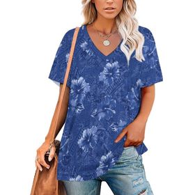 AILLOSA YH-449 Tamamı Baskılı V Yaka Kısa Kollu Kadın T-Shirt