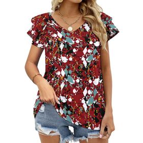 AILLOSA YH-45 Tamamı Baskılı Fırfırlı Kısa Kollu V Yakalı Kadın T-shirt