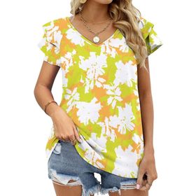 AILLOSA YH-451 Tamamı Baskılı Fırfırlı Kısa Kollu V Yakalı Kadın T-shirt