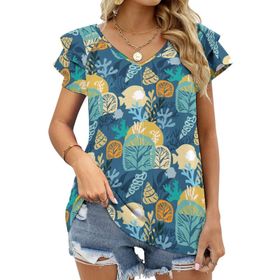 AILLOSA YH-452 Tamamı Baskılı Fırfırlı Kısa Kollu V Yakalı Kadın T-shirt