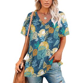 AILLOSA YH-452 Tamamı Baskılı V Yaka Kısa Kollu Kadın T-Shirt