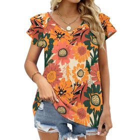 AILLOSA YH-453 Tamamı Baskılı Fırfırlı Kısa Kollu V Yakalı Kadın T-shirt