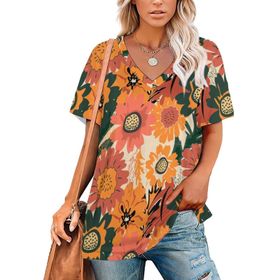AILLOSA YH-453 Tamamı Baskılı V Yaka Kısa Kollu Kadın T-Shirt