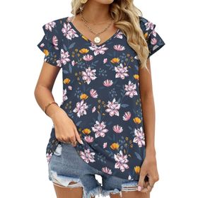 AILLOSA YH-454 Tamamı Baskılı Fırfırlı Kısa Kollu V Yakalı Kadın T-shirt