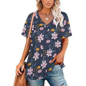AILLOSA YH-454 Tamamı Baskılı V Yaka Kısa Kollu Kadın T-Shirt