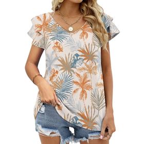 AILLOSA YH-455 Tamamı Baskılı Fırfırlı Kısa Kollu V Yakalı Kadın T-shirt