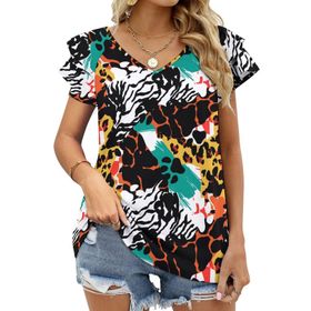 AILLOSA YH-456 Tamamı Baskılı Fırfırlı Kısa Kollu V Yakalı Kadın T-shirt