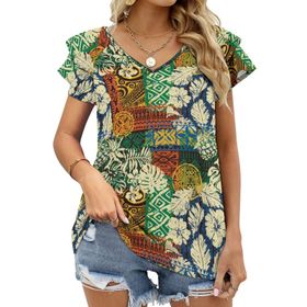 AILLOSA YH-457 Tamamı Baskılı Fırfırlı Kısa Kollu V Yakalı Kadın T-shirt