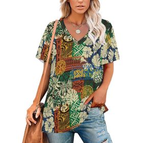 AILLOSA YH-457 Tamamı Baskılı V Yaka Kısa Kollu Kadın T-Shirt