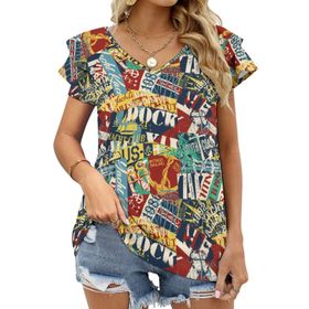 AILLOSA YH-458 Tamamı Baskılı Fırfırlı Kısa Kollu V Yakalı Kadın T-shirt