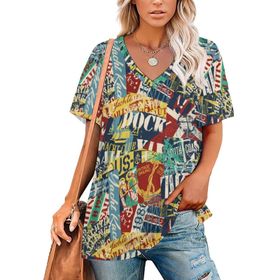 AILLOSA YH-458 Tamamı Baskılı V Yaka Kısa Kollu Kadın T-Shirt