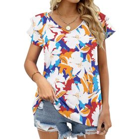AILLOSA YH-459 Tamamı Baskılı Fırfırlı Kısa Kollu V Yakalı Kadın T-shirt