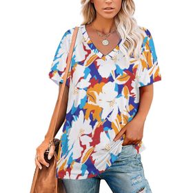 AILLOSA YH-459 Tamamı Baskılı V Yaka Kısa Kollu Kadın T-Shirt