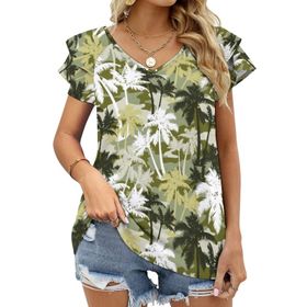 AILLOSA YH-460 Tamamı Baskılı Fırfırlı Kısa Kollu V Yakalı Kadın T-shirt