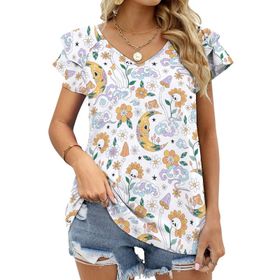 AILLOSA YH-461 Tamamı Baskılı Fırfırlı Kısa Kollu V Yakalı Kadın T-shirt