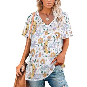 AILLOSA YH-461 Tamamı Baskılı V Yaka Kısa Kollu Kadın T-Shirt