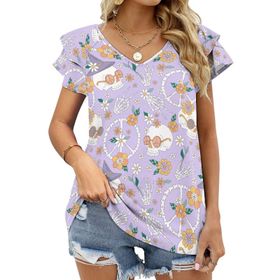 AILLOSA YH-462 Tamamı Baskılı Fırfırlı Kısa Kollu V Yakalı Kadın T-shirt