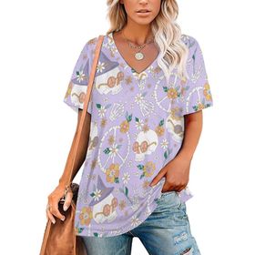 AILLOSA YH-462 Tamamı Baskılı V Yaka Kısa Kollu Kadın T-Shirt