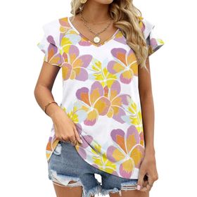 AILLOSA YH-463 Tamamı Baskılı Fırfırlı Kısa Kollu V Yakalı Kadın T-shirt