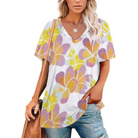 AILLOSA YH-463 Tamamı Baskılı V Yaka Kısa Kollu Kadın T-Shirt