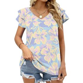 AILLOSA YH-464 Tamamı Baskılı Fırfırlı Kısa Kollu V Yakalı Kadın T-shirt