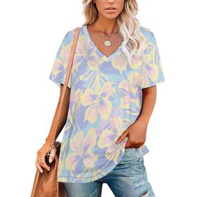 AILLOSA YH-464 Tamamı Baskılı V Yaka Kısa Kollu Kadın T-Shirt