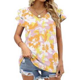 AILLOSA YH-465 Tamamı Baskılı Fırfırlı Kısa Kollu V Yakalı Kadın T-shirt