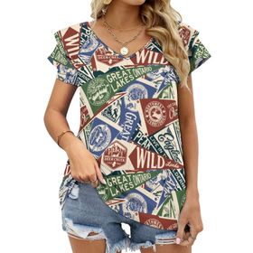 AILLOSA YH-466 Tamamı Baskılı Fırfırlı Kısa Kollu V Yakalı Kadın T-shirt