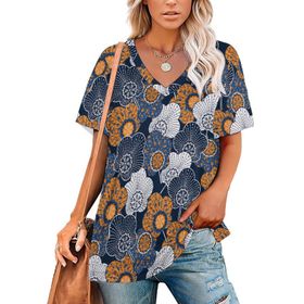 AILLOSA YH-467 Tamamı Baskılı V Yaka Kısa Kollu Kadın T-Shirt
