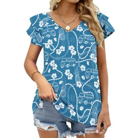 AILLOSA YH-468 Tamamı Baskılı Fırfırlı Kısa Kollu V Yakalı Kadın T-shirt