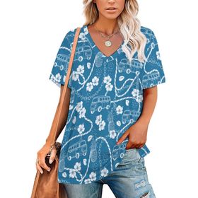 AILLOSA YH-468 Tamamı Baskılı V Yaka Kısa Kollu Kadın T-Shirt