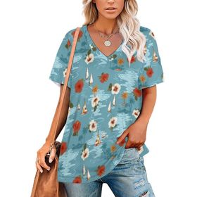 AILLOSA YH-469 Tamamı Baskılı V Yaka Kısa Kollu Kadın T-Shirt
