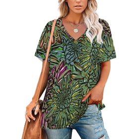 AILLOSA YH-47 Tamamı Baskılı V Yaka Kısa Kollu Kadın T-Shirt