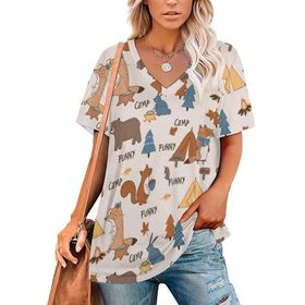 AILLOSA YH-470 Tamamı Baskılı V Yaka Kısa Kollu Kadın T-Shirt
