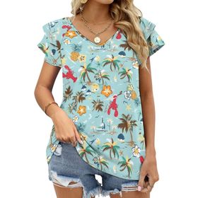 AILLOSA YH-471 Tamamı Baskılı Fırfırlı Kısa Kollu V Yakalı Kadın T-shirt