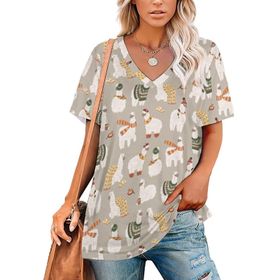 AILLOSA YH-473 Tamamı Baskılı V Yaka Kısa Kollu Kadın T-Shirt