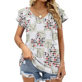 AILLOSA YH-474 Tamamı Baskılı Fırfırlı Kısa Kollu V Yakalı Kadın T-shirt