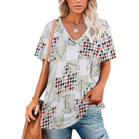 AILLOSA YH-474 Tamamı Baskılı V Yaka Kısa Kollu Kadın T-Shirt